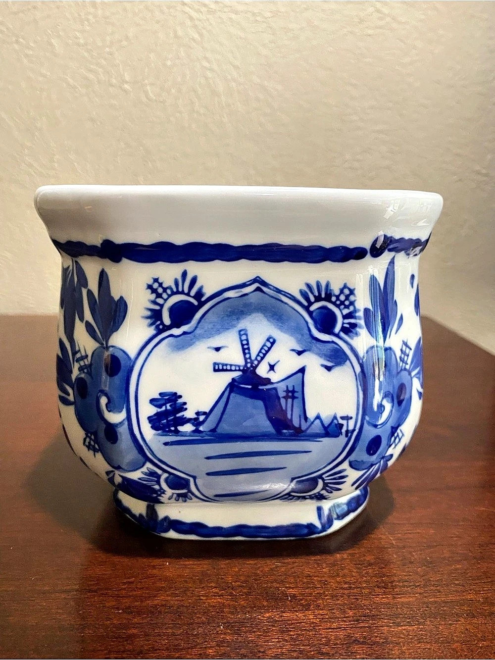 Vintage, Delft Style Blue and White Floral Ceramic Windmill Planter